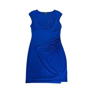 Lauren Ralph Lauren Sheath Dress Size 12 Blue Sleeveless V  Neck Ruched Sides